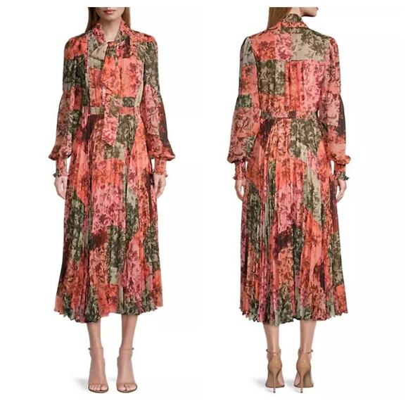 NEW Rachel Parcell Floral Chiffon Midi Dress Womens 10 Bow Neck Puff Long Sleeve - Picture 2 of 11